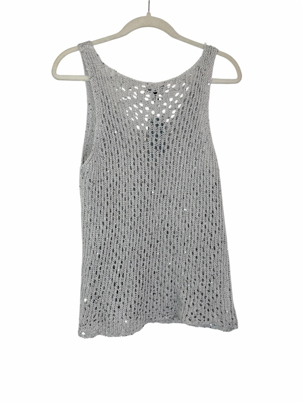 Eileen Fisher Sequin Chainmail Mesh Scoop Neck Tank Top Silver XL NWT Open Knit - Picture 2 of 8